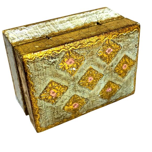Italian Florentine style wood hinged lid trinket keepsake box gold & mint green - Picture 8 of 9